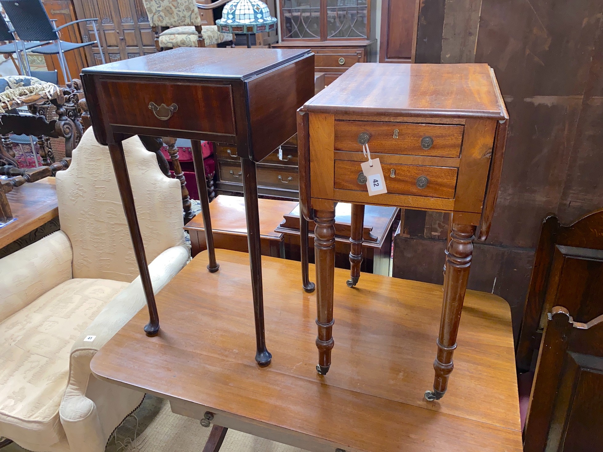 A Regency mahogany drop flap two drawer work table, together with an 18th century style mahogany drop leaf side table, larger width 42cm, depth 40cm, height 76cm